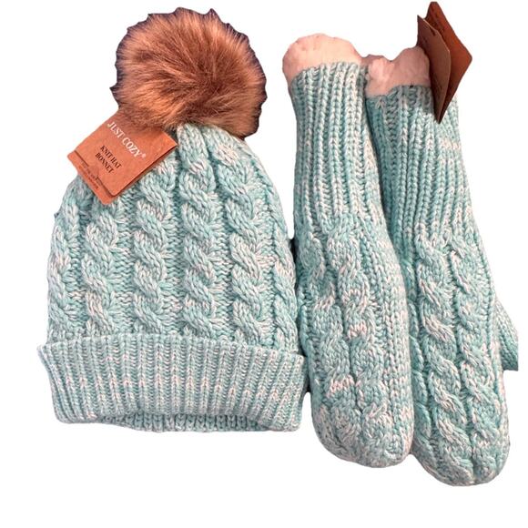 Just Cozy Mittens Beanie Set Knit Sherpa Lining Aqua Women One Size NEW - Picture 1 of 10